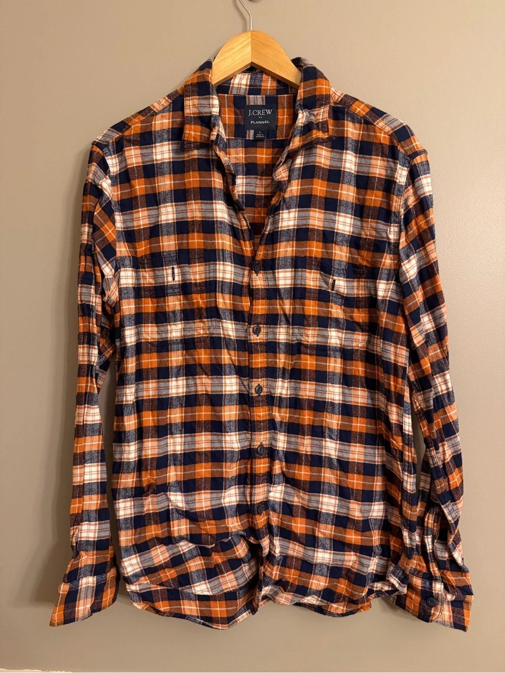 J. Crew Navy and Orange Plaid Flannel Shirt
